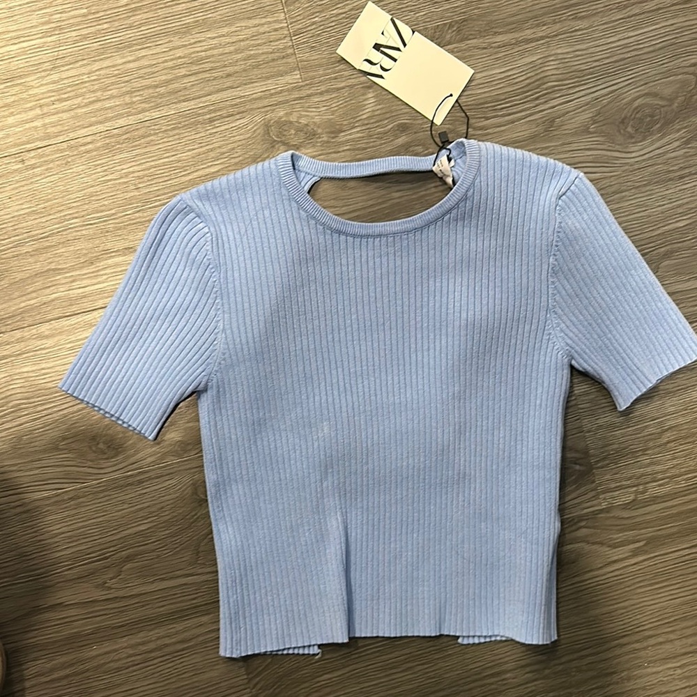 Zara Sky Blue Ribbed Short Sleeve sweater open back